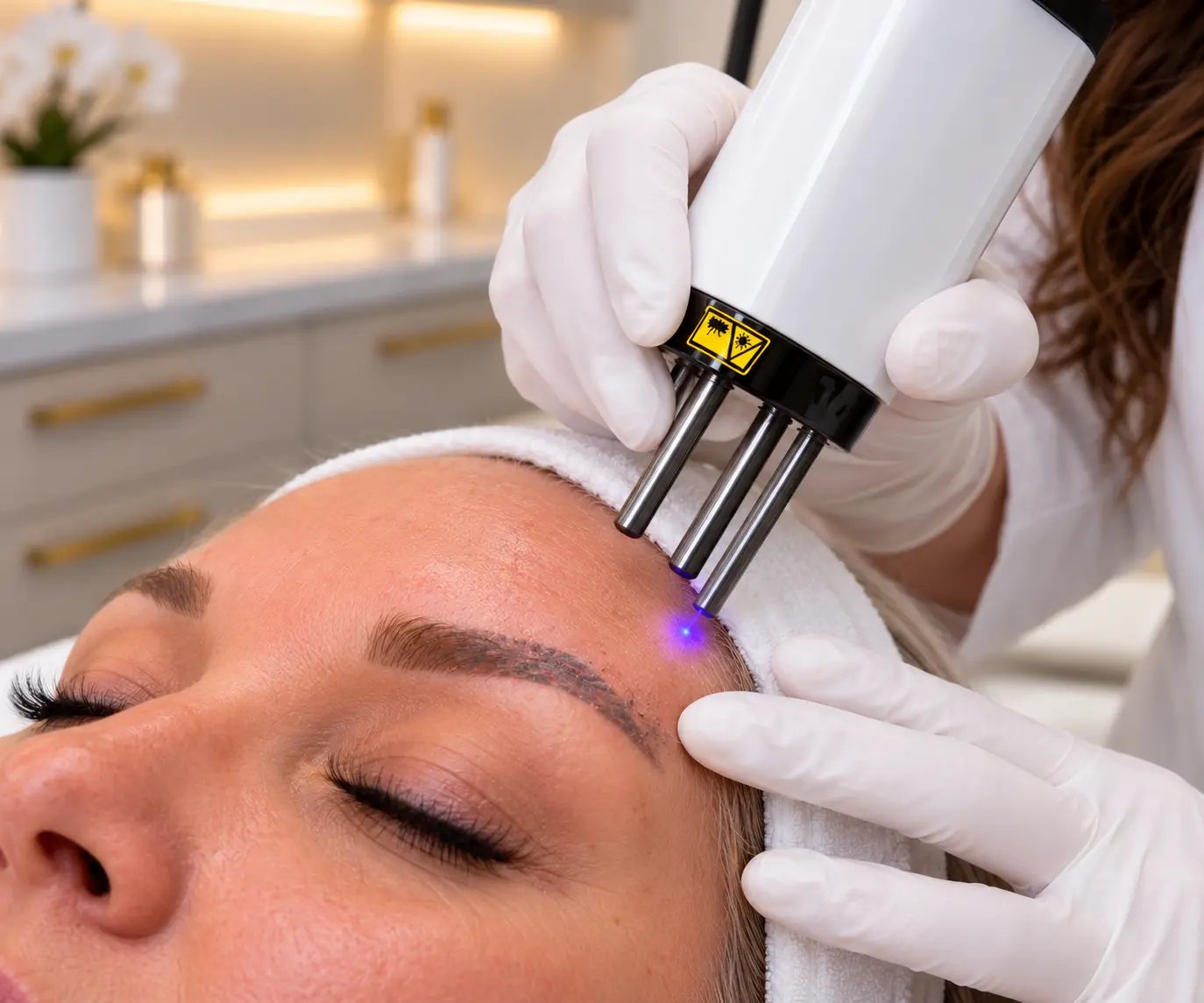 Laser treatment being performed near an eyebrow