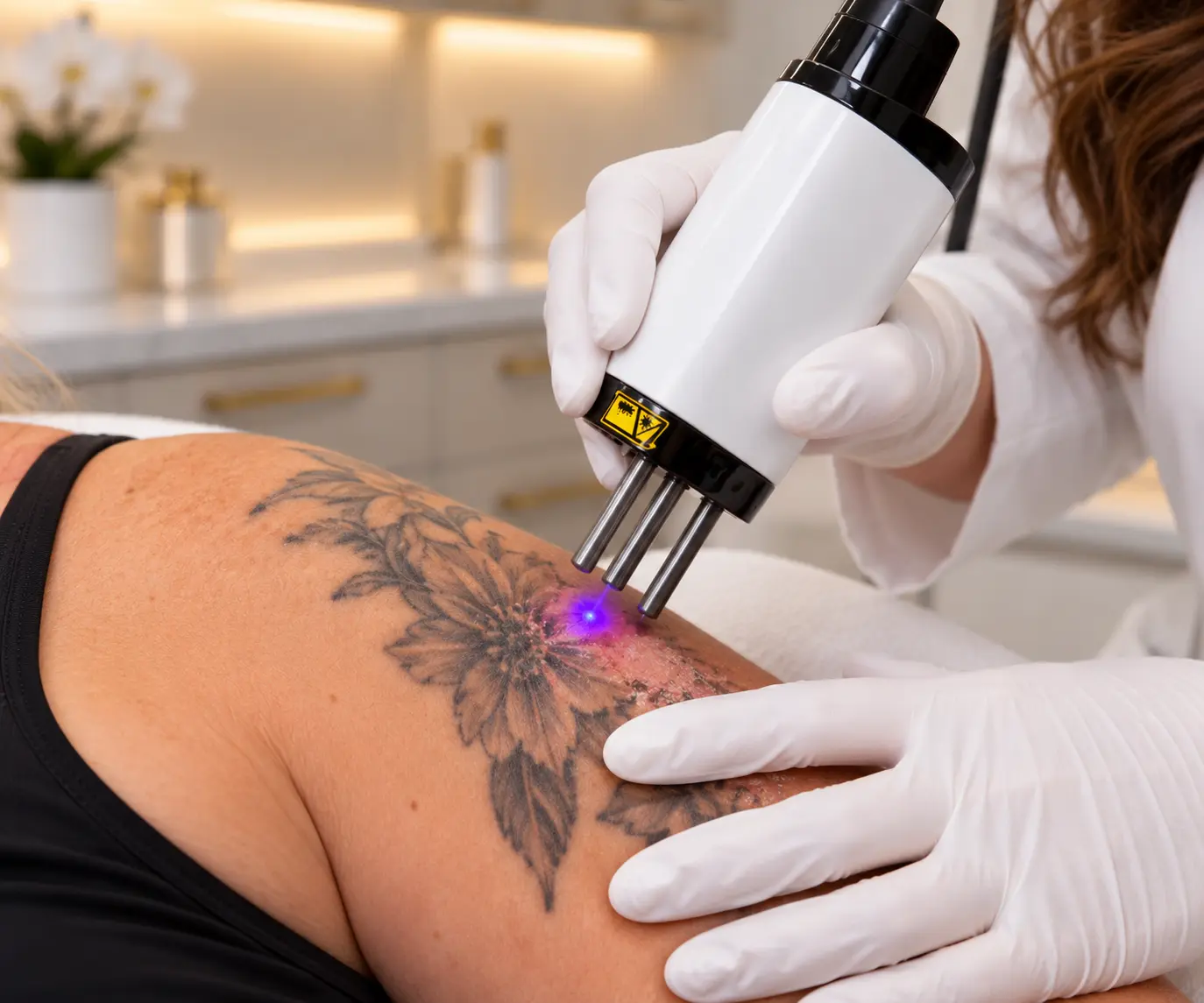 Laser handpiece positioned near an arm tattoo